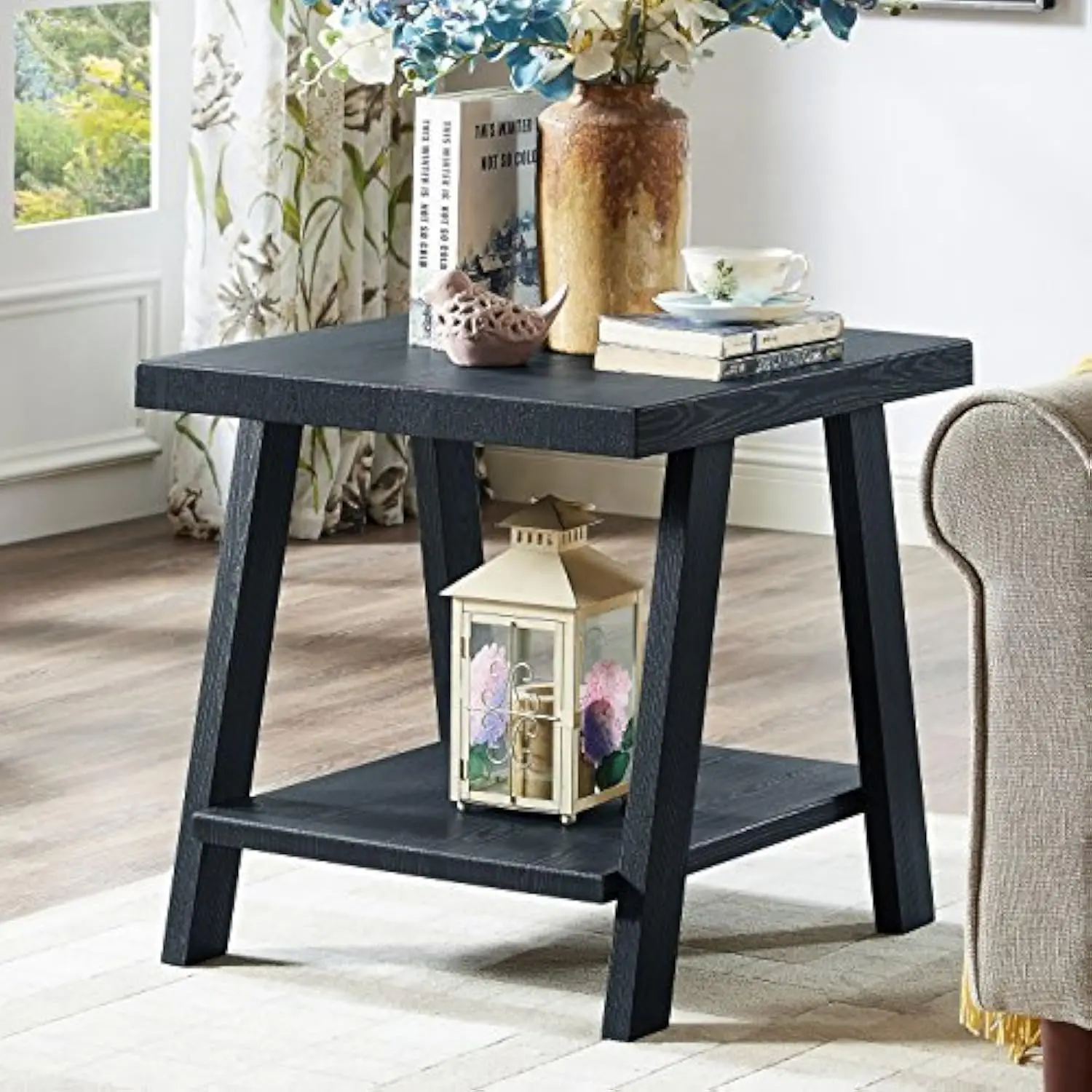 

Athens Contemporary Replicated Wood Shelf End Table in Black Finish