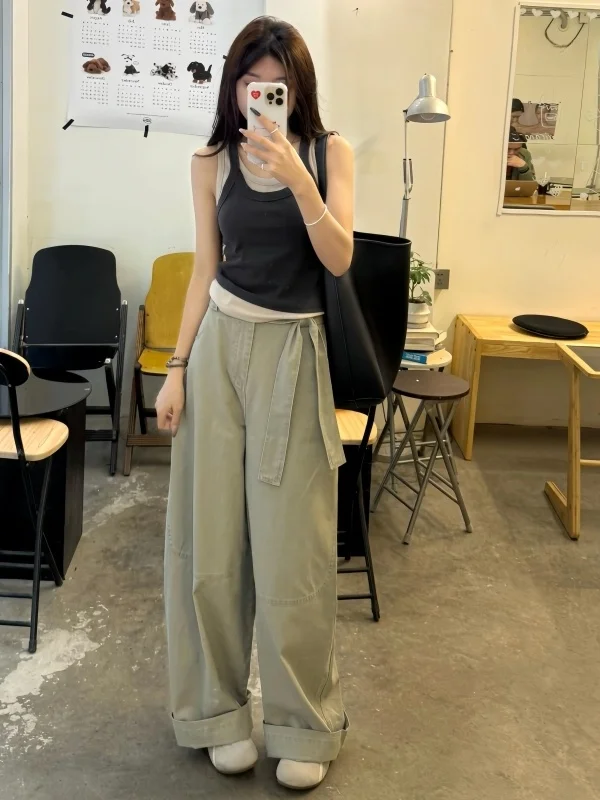 Extended Size Women's Loose Fit Wide Leg Jeans with Sashes Grey Green for Taller than 180 Summer Casual Floor Length