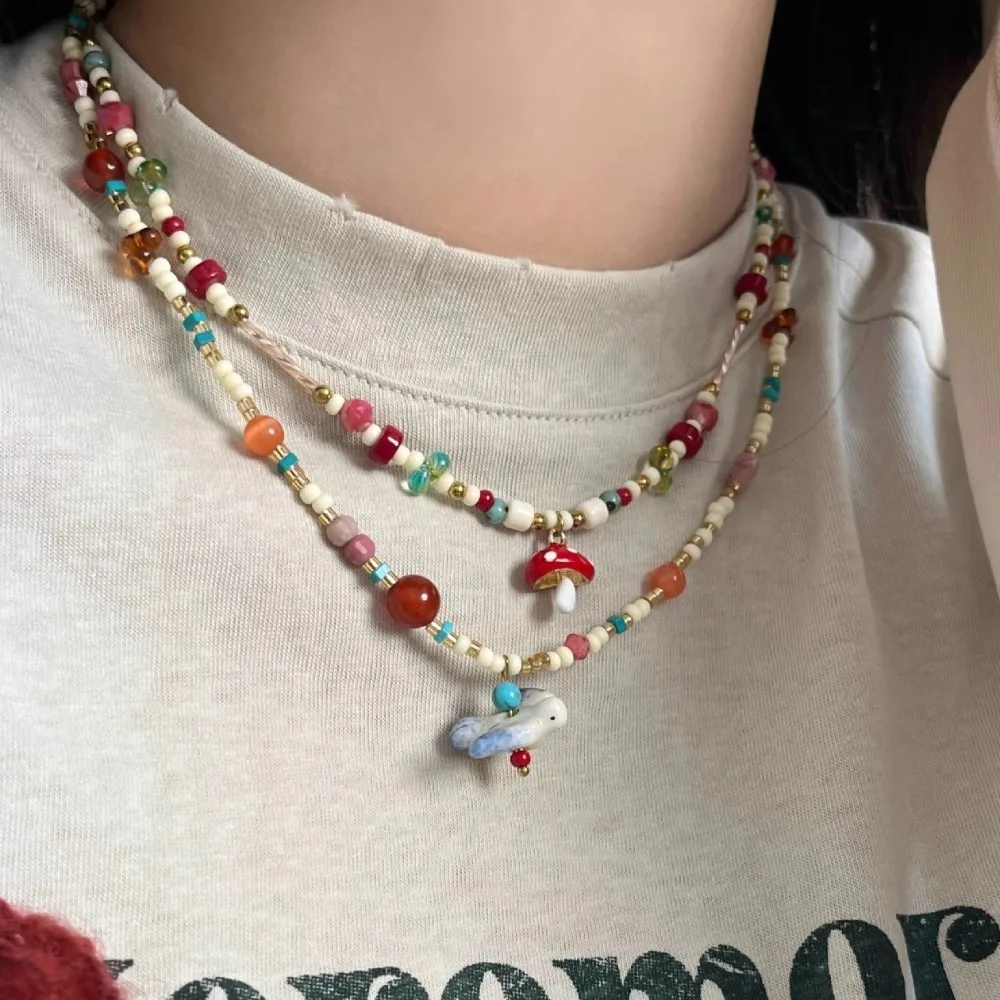 

Ethnic Style Colorful Stone Choker Necklace Neck Jewelry Aesthetic Mushroom Collarbone Chain Fashion Beads String
