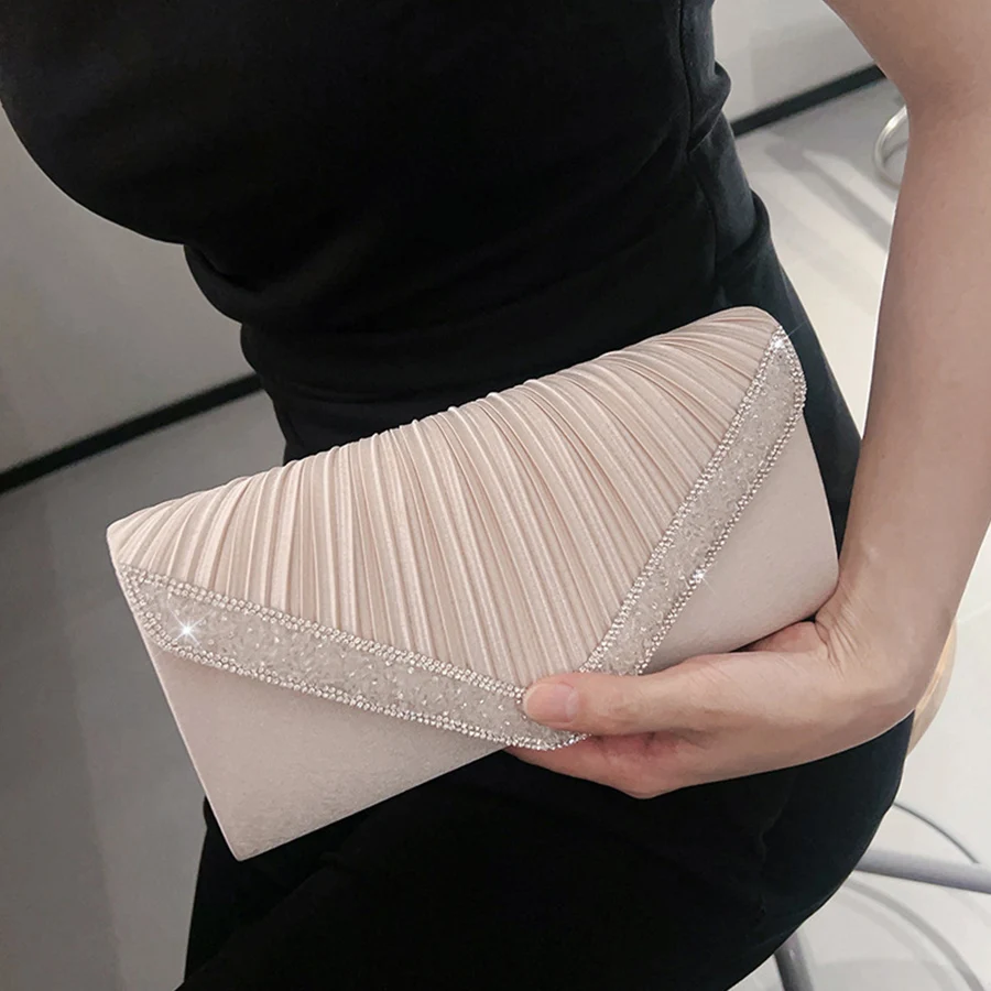 

Fashion Satin pleated clutch purse party banquet envelope bag rhinestone bead handbag ladies' wedding chain evening shoulder bag