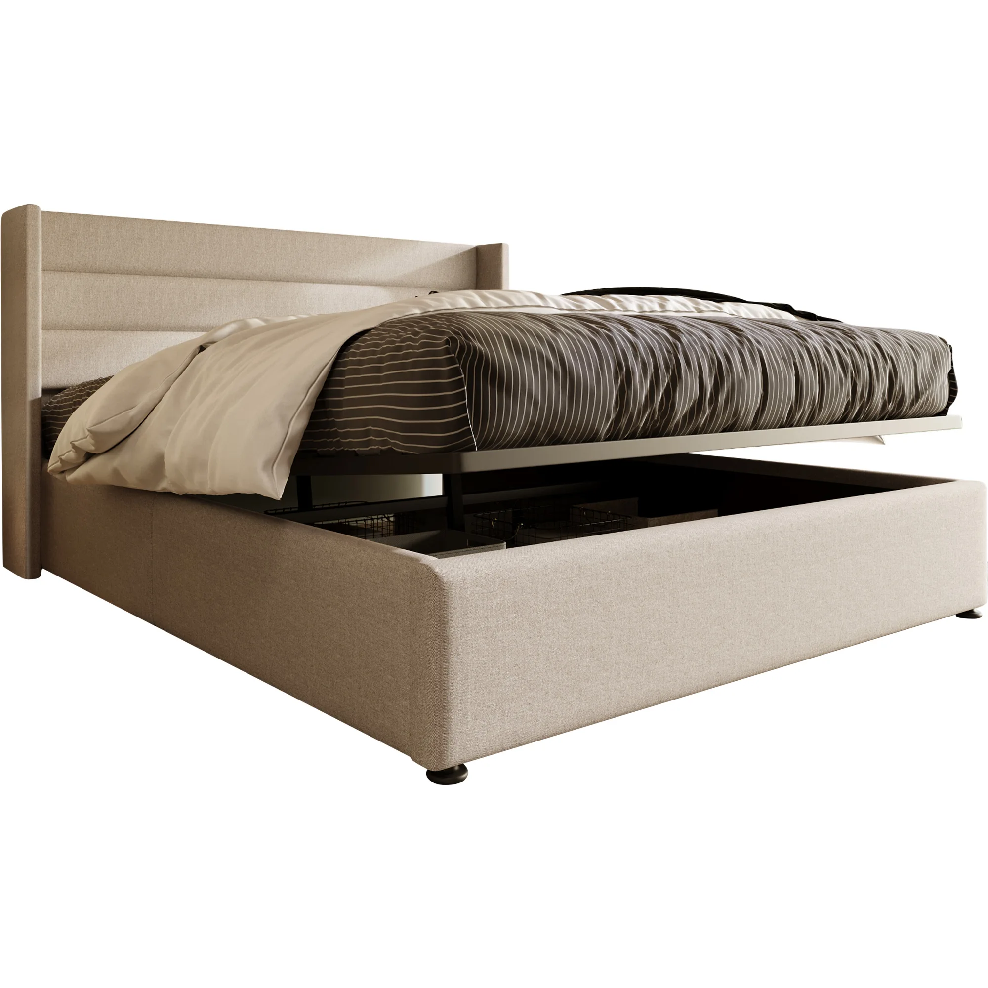 Lit coffre 140x200 cm double rembourré avec sommier à lattes, Lin, beige, sans matelas