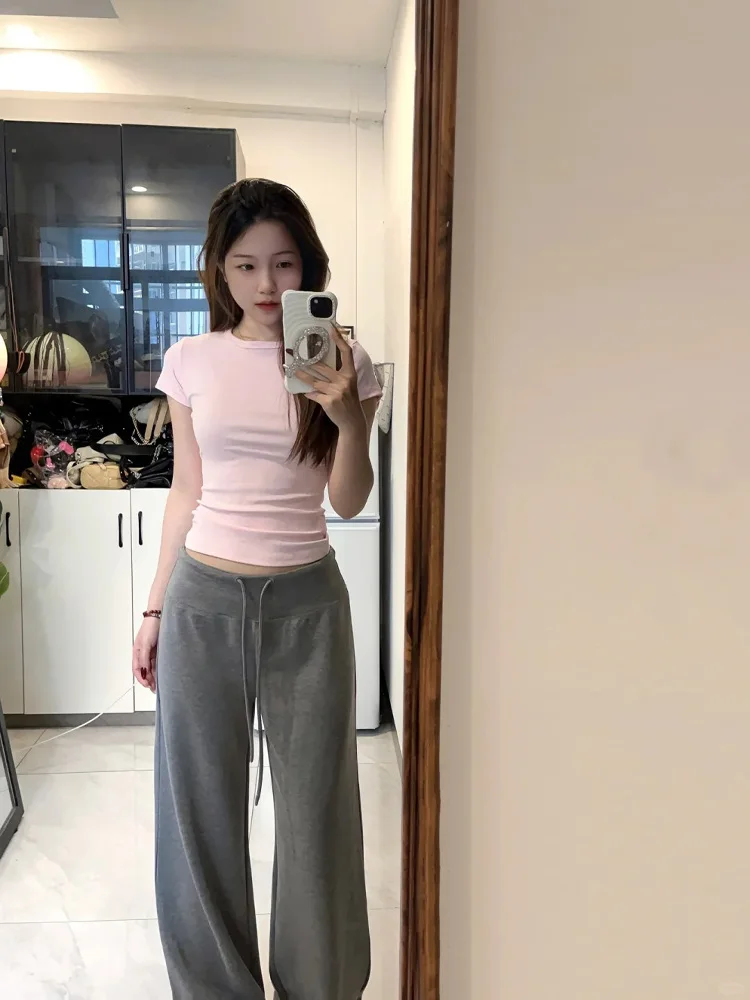 Korean Style Sweet Spicy Girl Pink Short Sleeve T-Shirt Women's Summer Slim Fit Waist Cinching Basic round Neck Top