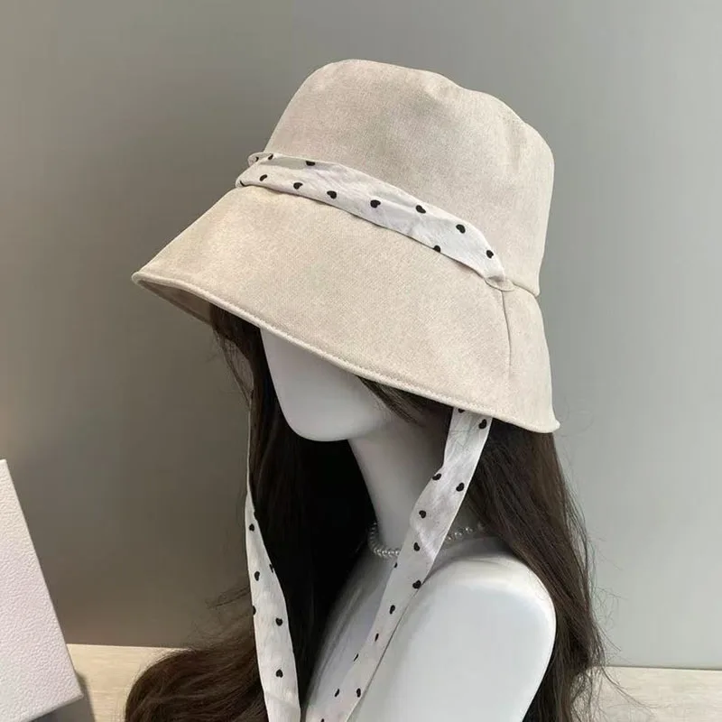 2026 Summer New Linen Cotton Lace Up Fresh Bucket Hat for Women Outdoor Sunscreen Hat Versatile Travel Fold Fisherman Panama Cap