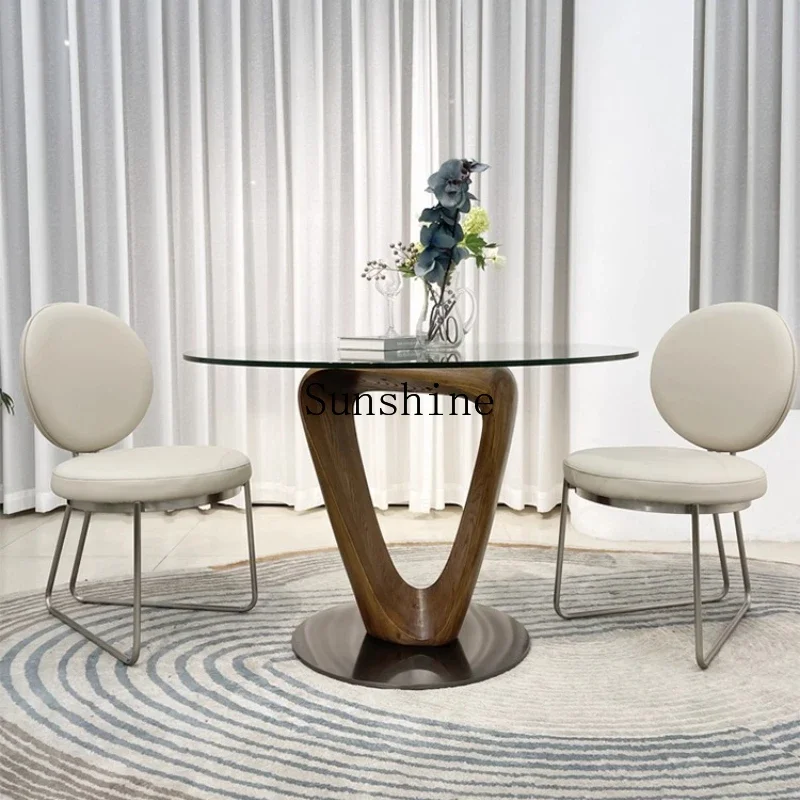 Large and small apartment solid wood dining table and chair combination round high-end table