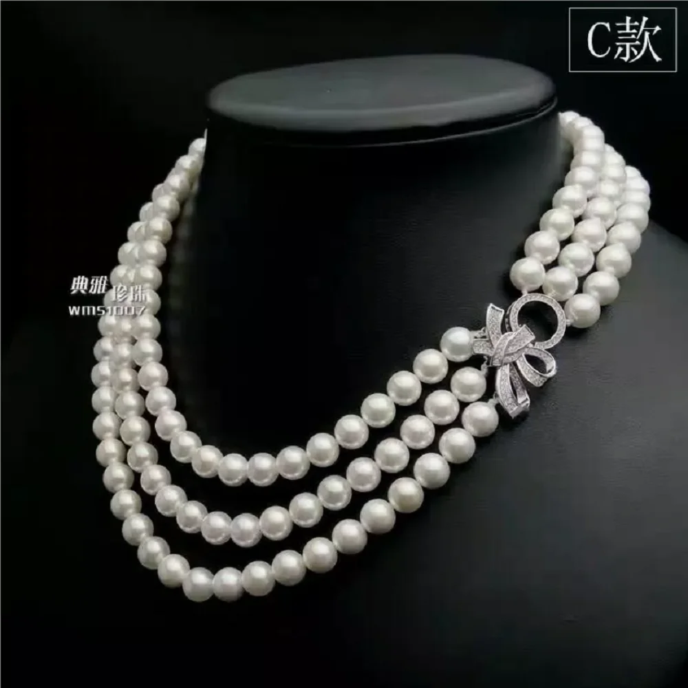 

Three strands AAA 8-9mm natural South Sea round white pearl necklace 18 "19" 20 inch 925s