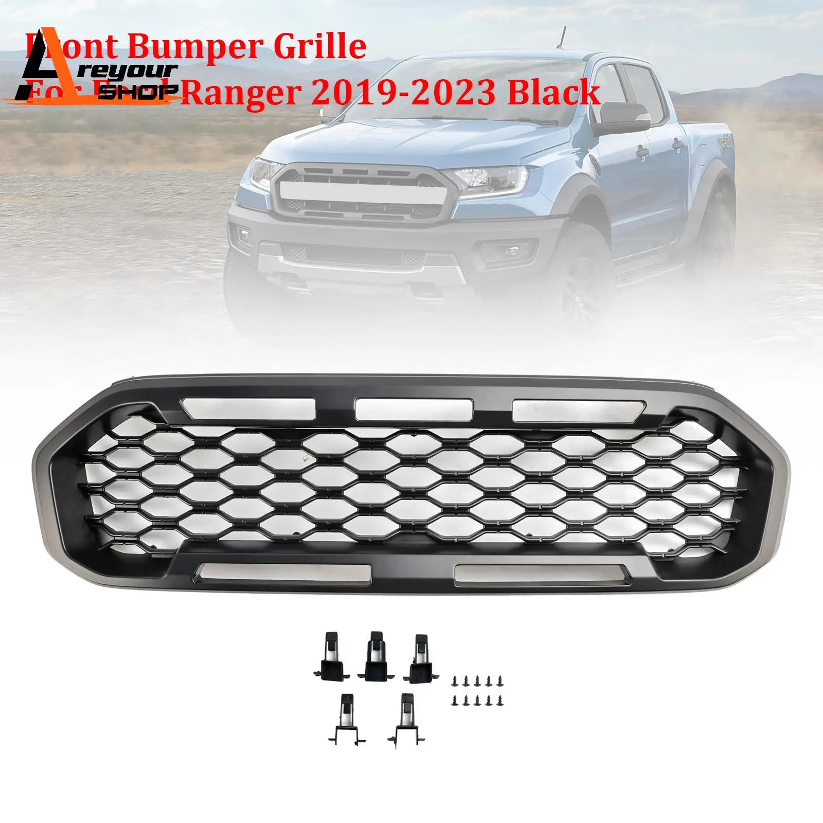 Front Bumper Grill Grille Fit for Ford Ranger T8 2019 2020 2021 2022   2023 Black