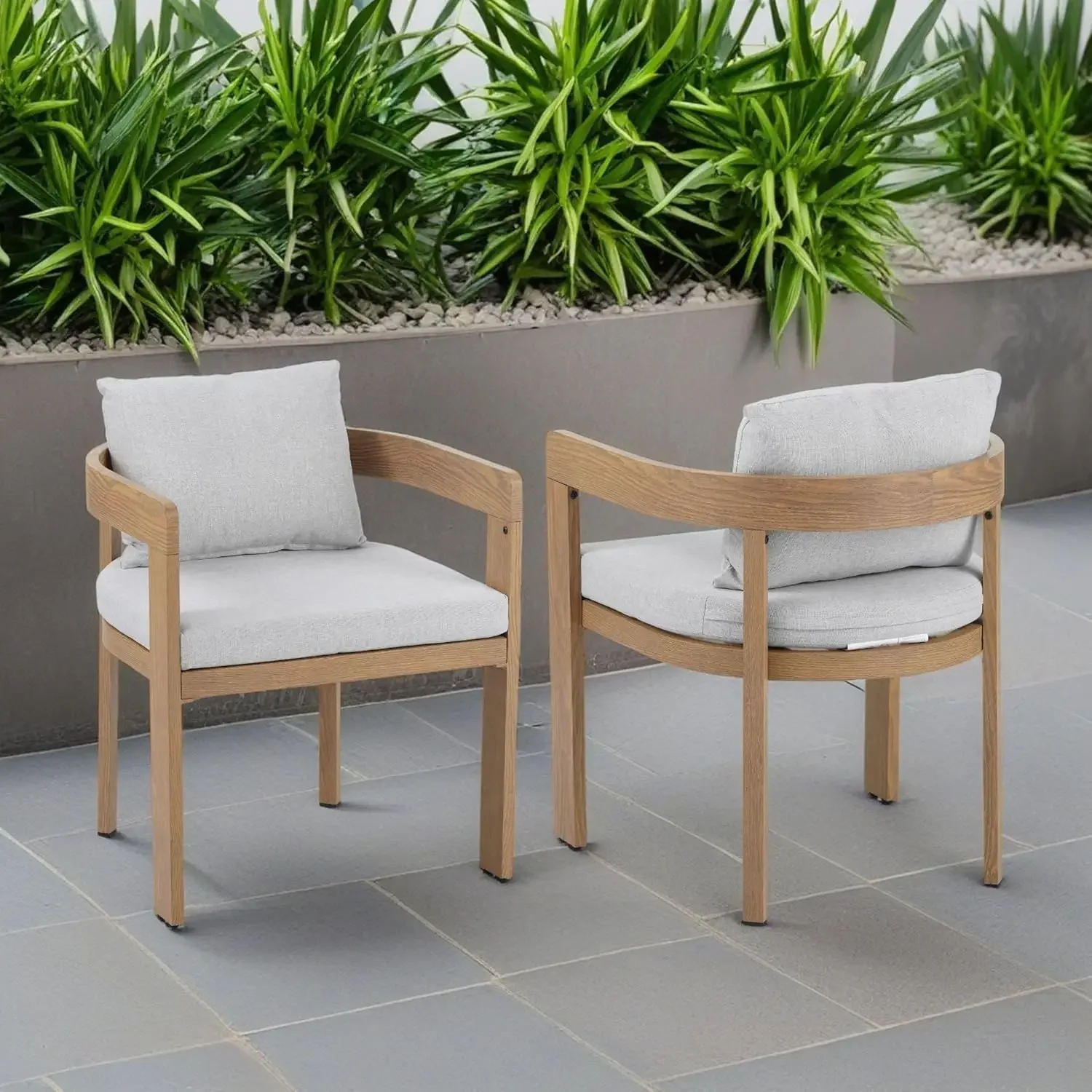 

Aluminum Dining Chair Set of 2 Armchairs Cushions Barrel Accent Chair Wood Like Finish Comfy Seating Kitchen Side Chair Set Balc