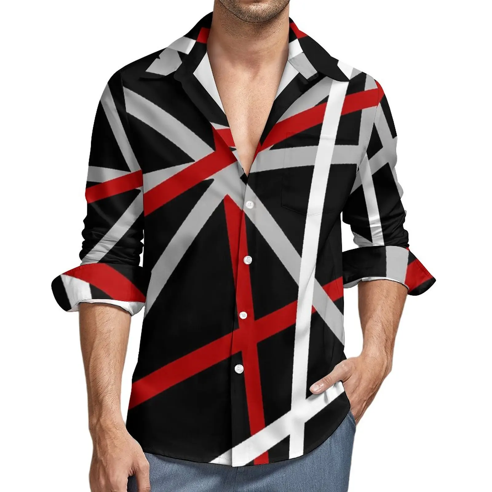 Van Halen Shirt Autumn Lines Print Casual Shirts Male Vintage Blouses Long Sleeve Printed Stylish Clothing Plus Size No Pockets