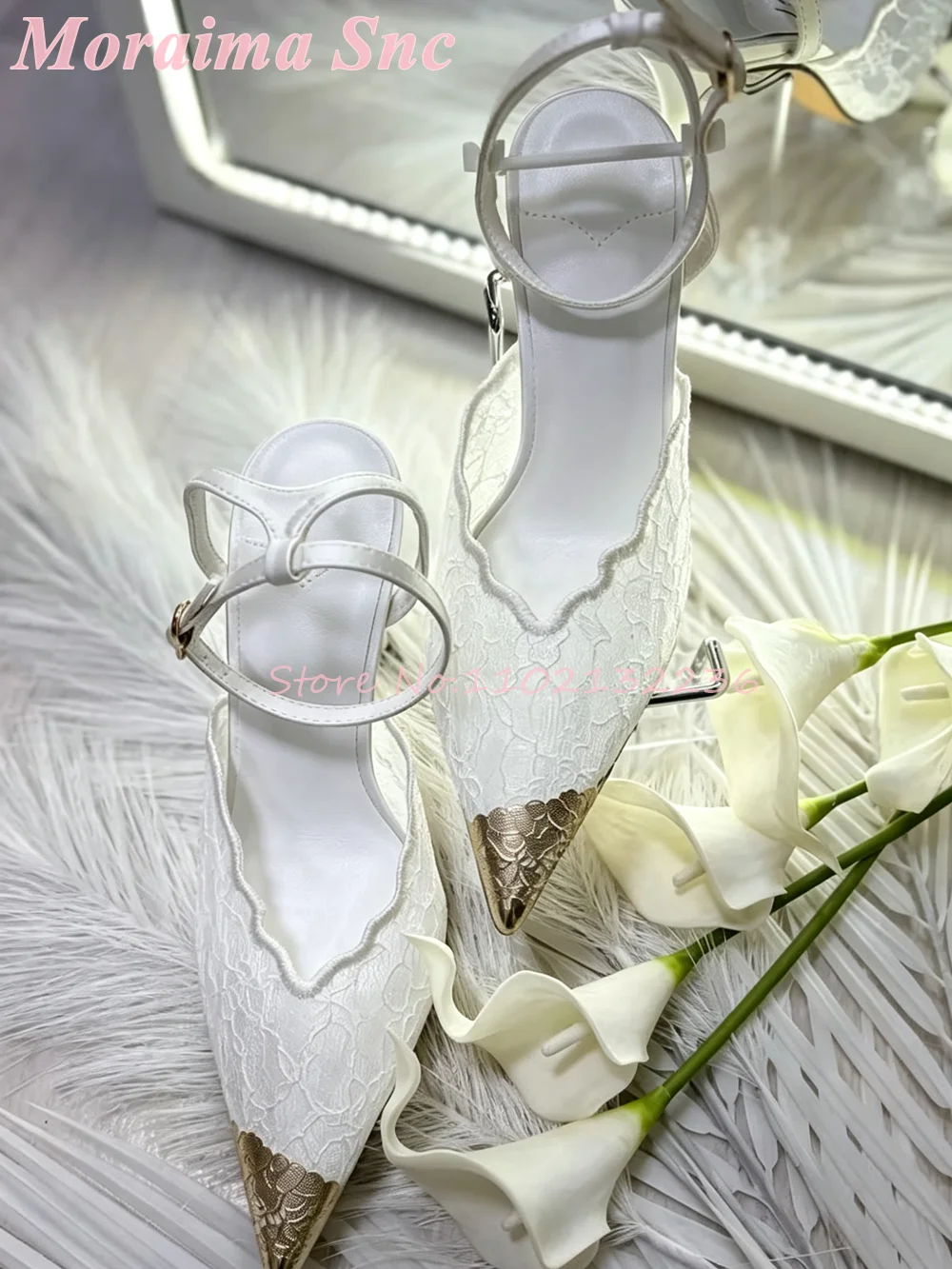Gold Floral Toe Lace Pointed Toe Sandals Stiletto Heel Buckle Ankle Strap Blush Pink Satin Vintage Bridal Statement Footwear New view 6