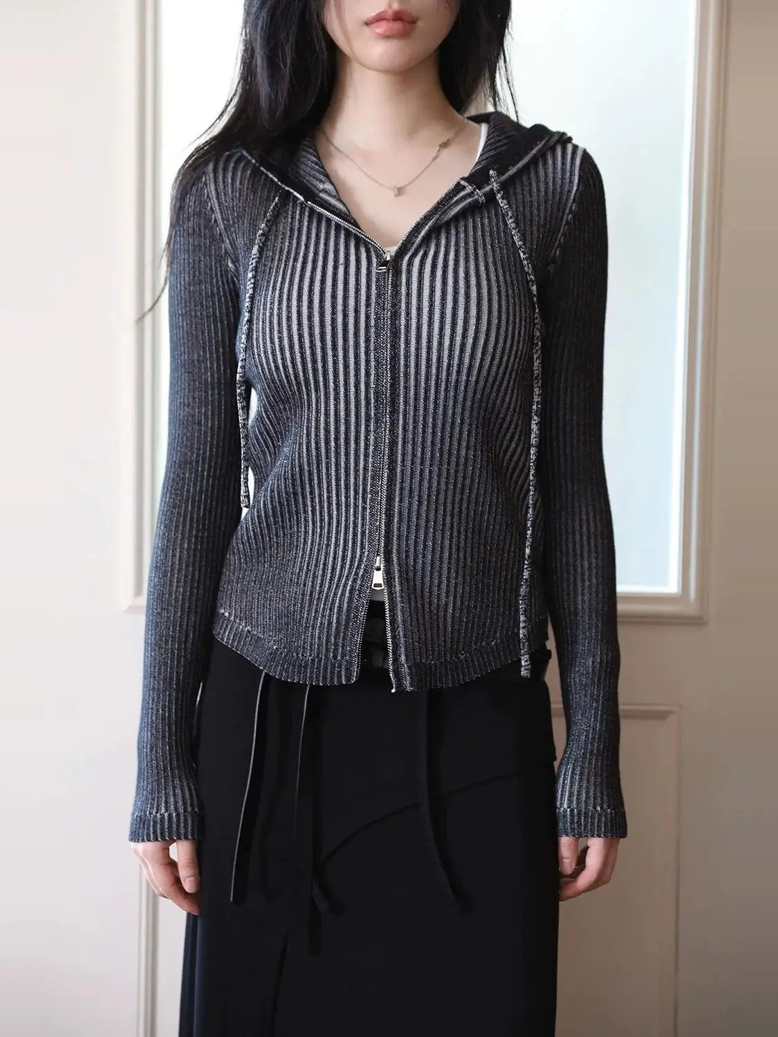 

Street Sle Retro Distred Vertical Stripes Double Zipper Hooded Knitted Open Cardigan Jaet Long Sve ort Length