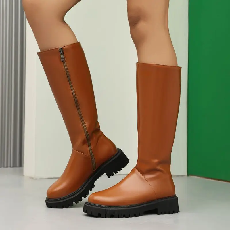 

ORCHA LISA Fashion Women's Knee High Boots Round Toe 4.5cm Thick Heel 2.5cm Platform Zip Black Beige Soft Plus Size 44-45 Daily