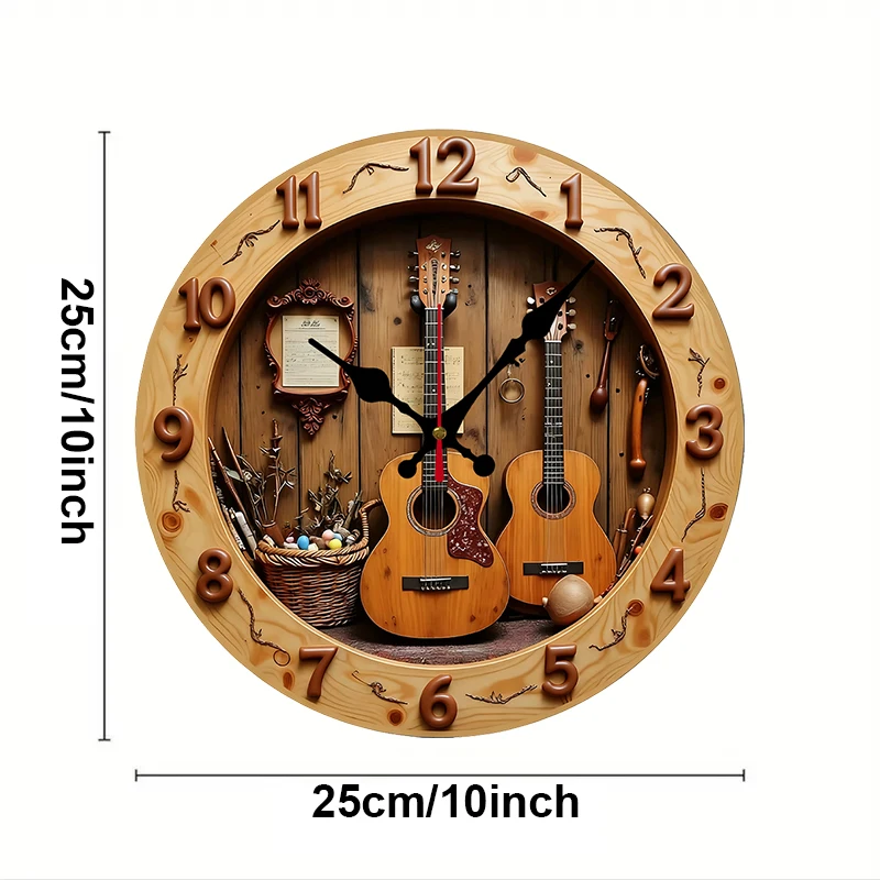 2D Flat Guitar & Music Wooden Round Silent Hanging Wall Clock, For Living Room, Office, Study Room, Bedroom, Home Decoration.
