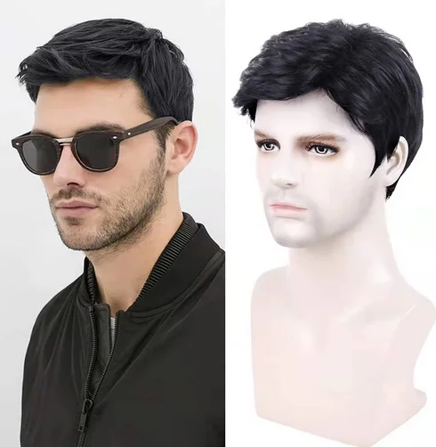 Fast shipping high quality men's wig black synthetic wig head set partial men's elastic Intranet short hair head cover