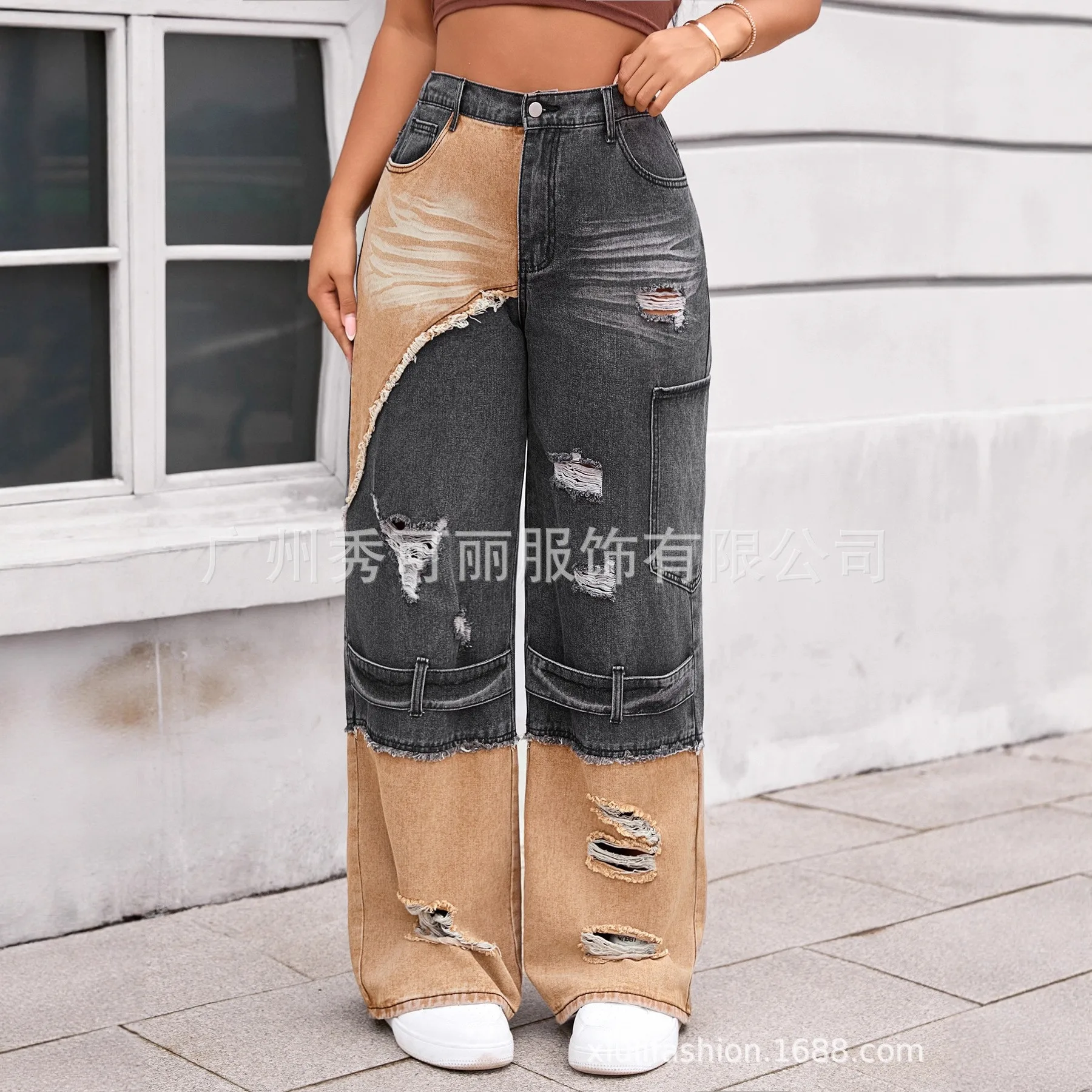 Patchwork Straight Leg Jeans Mid Waist Casual with Regular Thickness Loose Fit Streetwear Stone Washed Women Jeans Pants