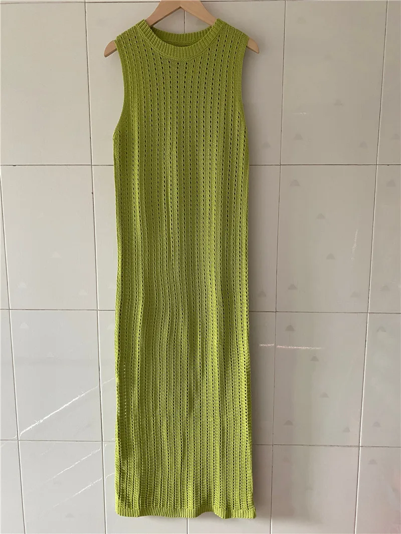 Sexy Knit Women Prom Dress Green Beige Jersey Beach Holiday Sleeveless Evening Gown Streetwear Summer Long Robe