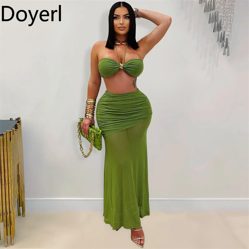 

Сексуальные наряды для женщин, комплект из двух предметов, праздничная одежда, праздничная клубная сетка, прозрачный укороченный топ без бретелек с рюшами и длинная юбка, комплекты