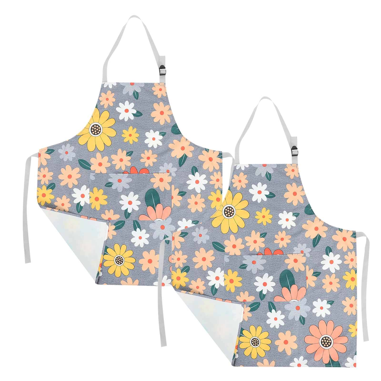 

2pcs Kitchen Apron Adjustable Belt Floral Pattern Reusable Cotton Linen Aprons For Women With Pockets Chef Restaurant Household