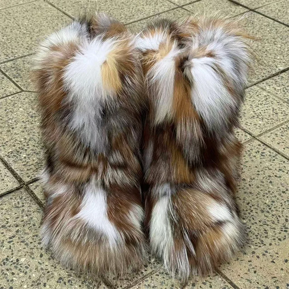 

Women's Winter Fluffy Real Fox Fur Snow Boots Outdoor Furry Real Fox Fur Boots Platform Shoes New Fashion Bottes