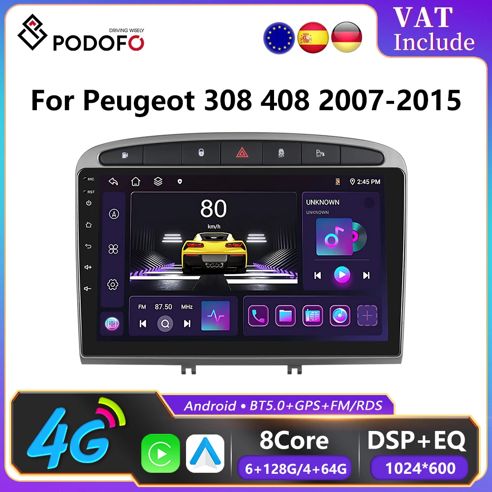 Podofo 6 + 128G CarPlay Android Auto 2 Din Autoradio per Peugeot 308 408 2007-2015 Lettore video multimediale GPS Unità principale stereo