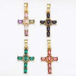 OCESRIO-colgantes de Cruz coloridos arcoíris grandes para collar, componentes de joyería religiosa de circón de cobre chapados en oro, pdta638