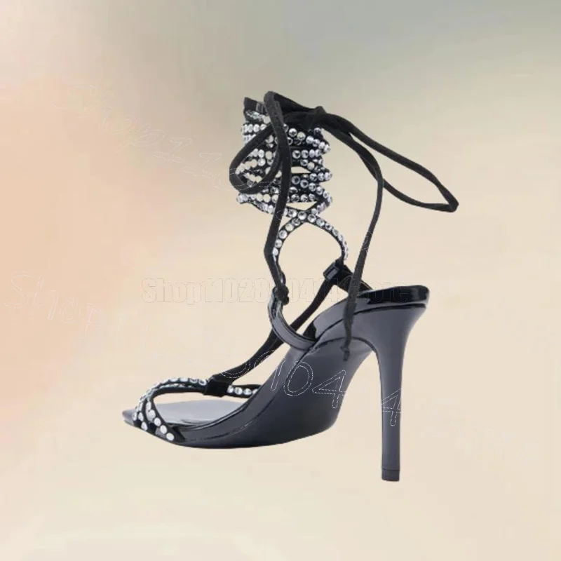크리스탈 스트랩 속이 비치는 디자인 트와인 샌들 레이스업 여성 슈즈 얇은 하이힐 오픈토 섹시 연회 2025 여성 신발