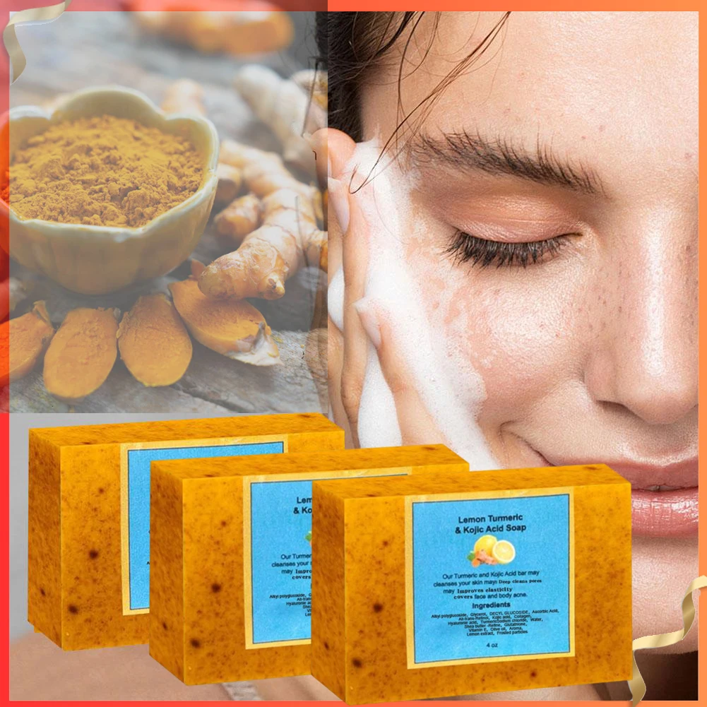 Organic Lemon Turmeric Kojic Acid Soap for Dark Spots, Turmeric Soap for Face Wash Brighten Dark Spot Corrector Skin Care