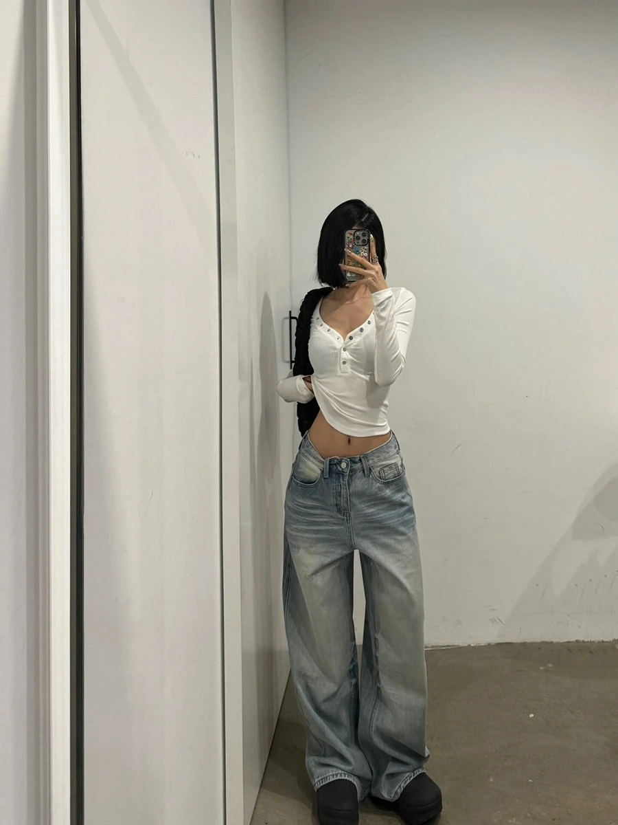 

Light Wa Retro Straight Leg Jeans Women's plus Size High Waist Loose Casual Wide Leg Long Pants Versatile Floor Length