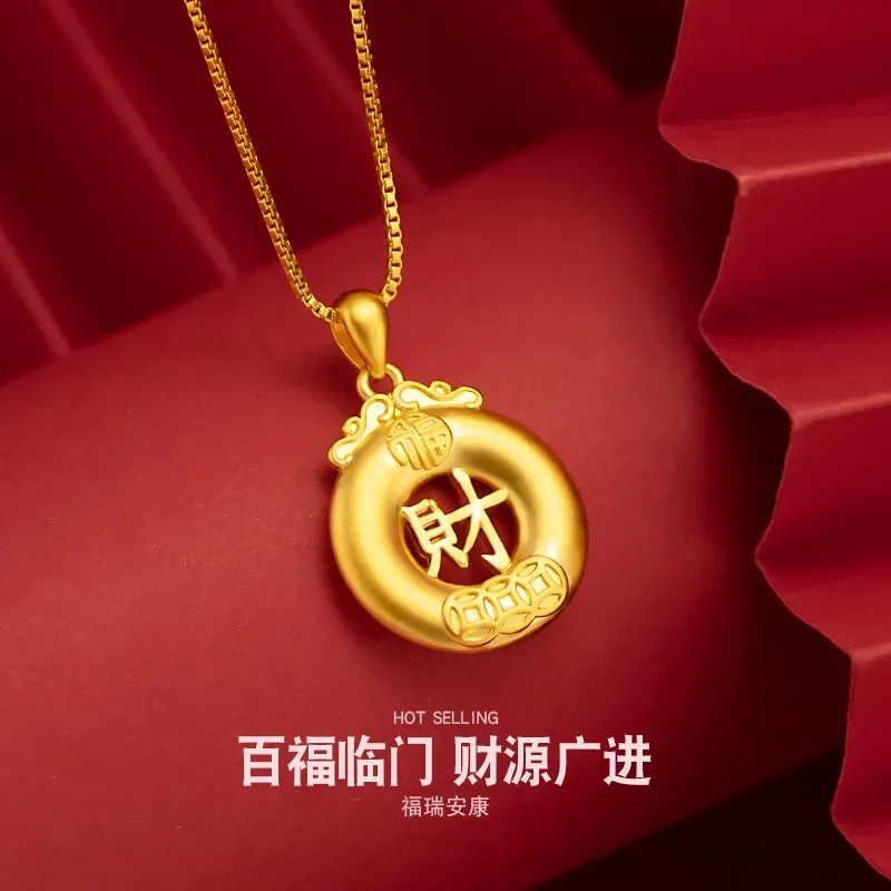 9999 real gold 24K yellow gold Ping An Deduction Fu Cai Plate Pendant Necklace