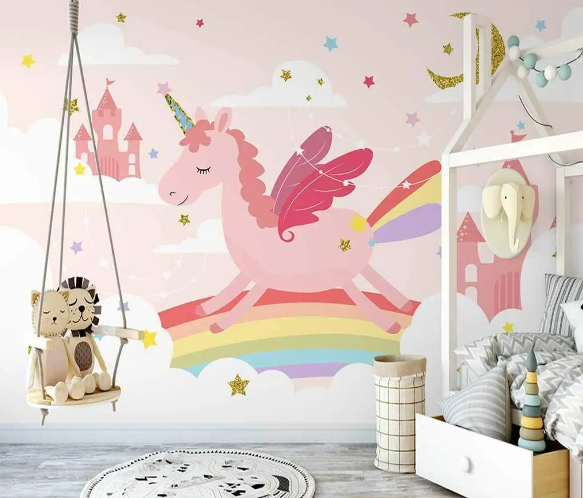 

custom Pink Unicorn Rainbow Starry mural wallpaper for Children's Room Background Wall Papel De Parede Creative mural Home Decor