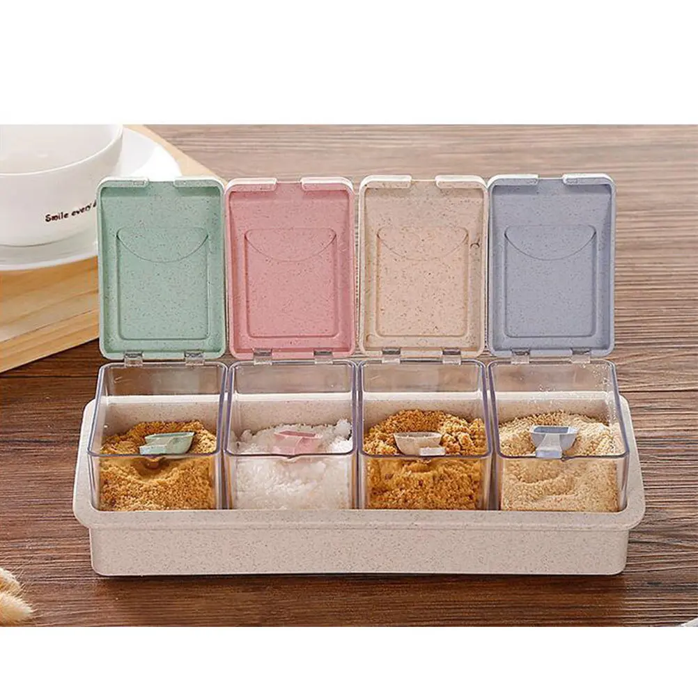 Contenedor de Almacenamiento de Especias de Paja de Trigo Natural de 4 Secciones, Caja de Condimentos a Prueba de Olores y Polvo para Curry, Mostaza en Polvo y Almidón de Maíz