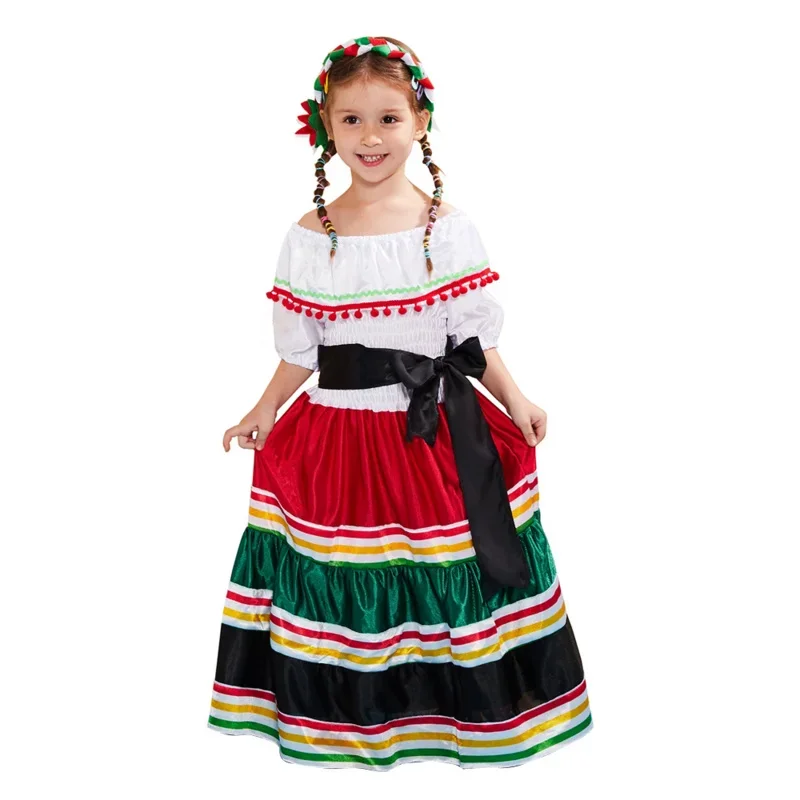 Vestido folclórico mexicano tradicional feminino, Traje de Halloween feminino para crianças, Festa de Carnaval do México, Vestido extravagante