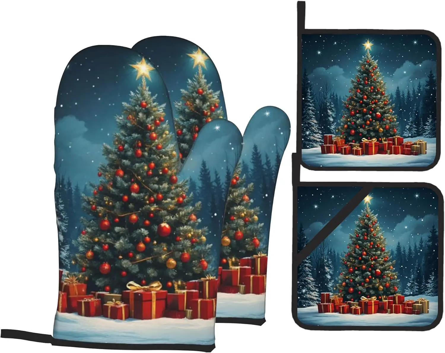 

Christmas Winter Oven Mitts & Potholder Set of 4 Heat Resistant Kitchen Gloves Hot Pads for Baking, Cooking, Gifts for Women