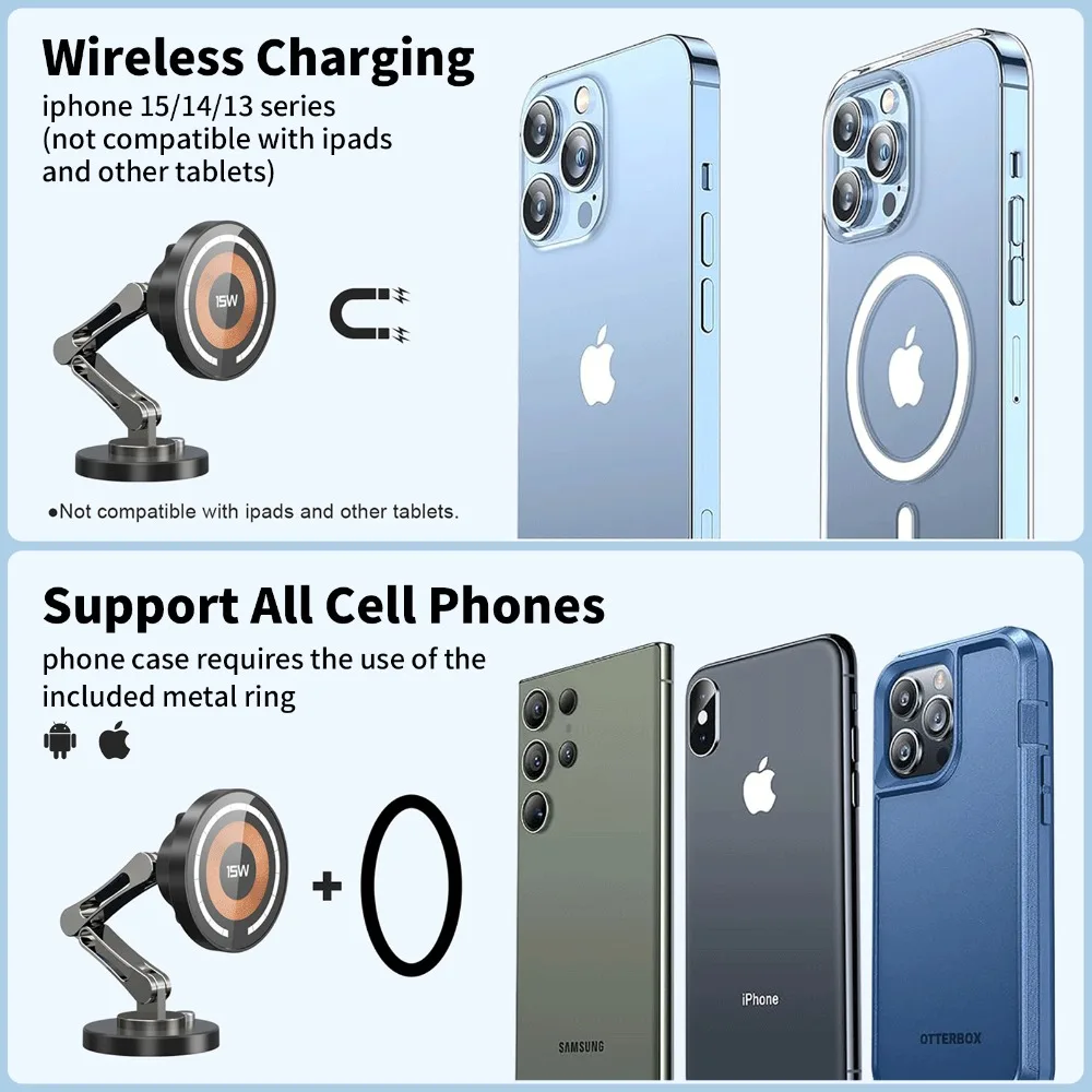 15 W magnetischer Autotelefonhalter, kabelloses Ladegerät, Rotation, magnetischer Autotelefonständer, schnelles Aufladen für iPhone 16 15 14 13 12 – Detail 13