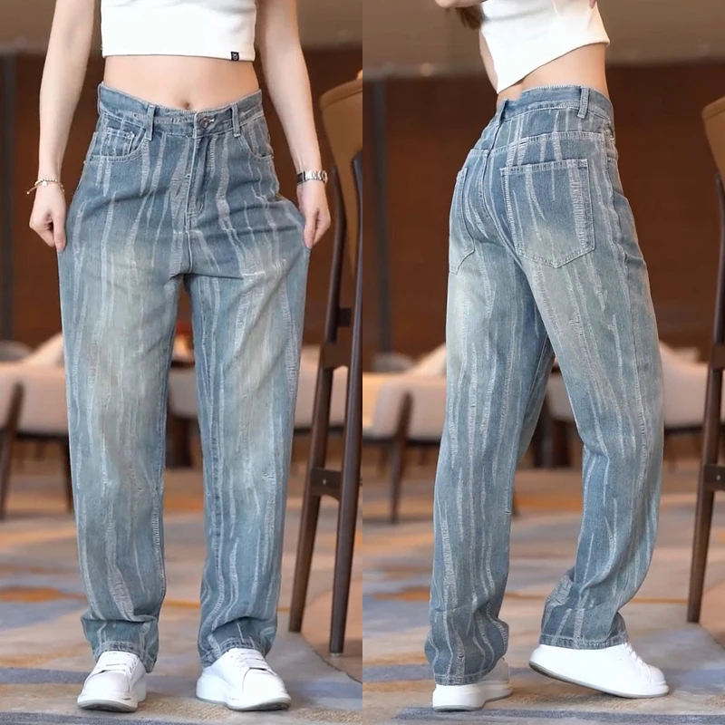 

Мужские джинсы в стиле ретро с вертикальными полосками, свободные, широкие, прямого кроя, повседневные, длинные брюки, молодежные джинсовые штаны