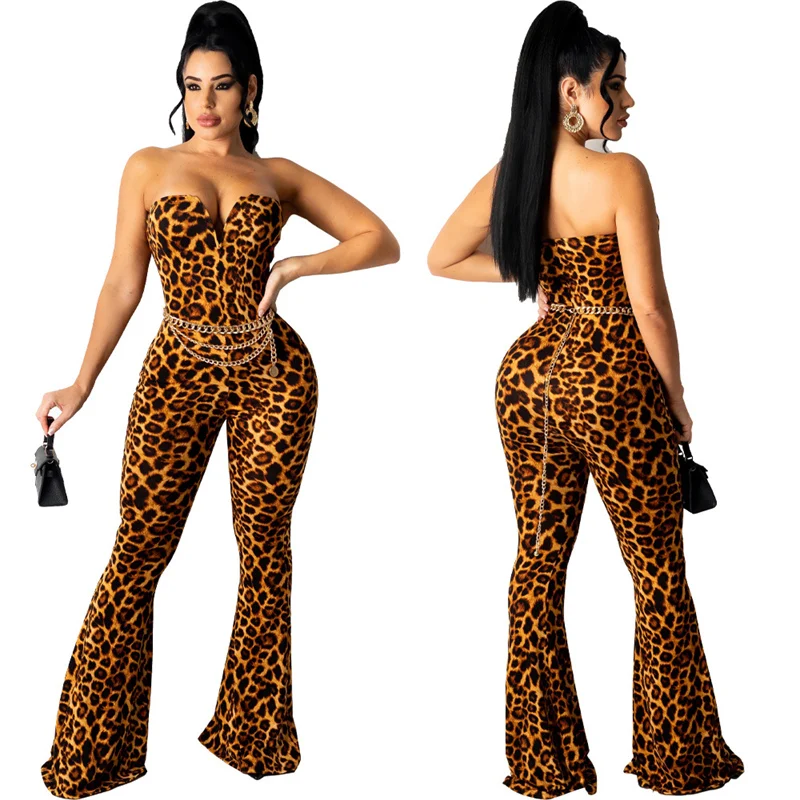 Mono Sexy sin mangas con estampado de leopardo para mujer, mono ajustado sin tirantes con cuello en V, traje elegante de Club nocturno, monos de una