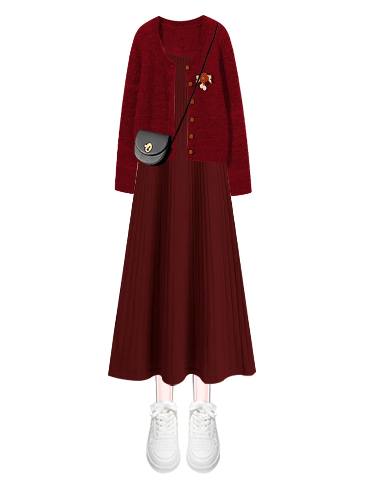 New Year's Aosphere Women's Knitted Sweater Dr Two-Piece Set Floral Decoration Long Sve V-Ne High Waist Midi Skirt