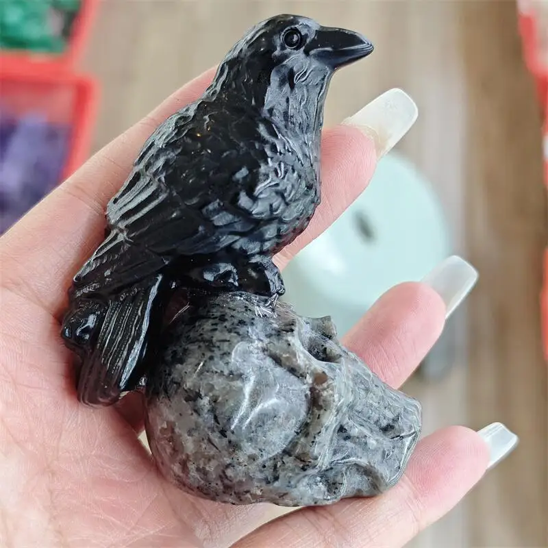Natural Black Obsidian Bird And Yooperlite Skull Carving Healing Fengshui Stone Home Decoration Holiday Gift 1PCS
