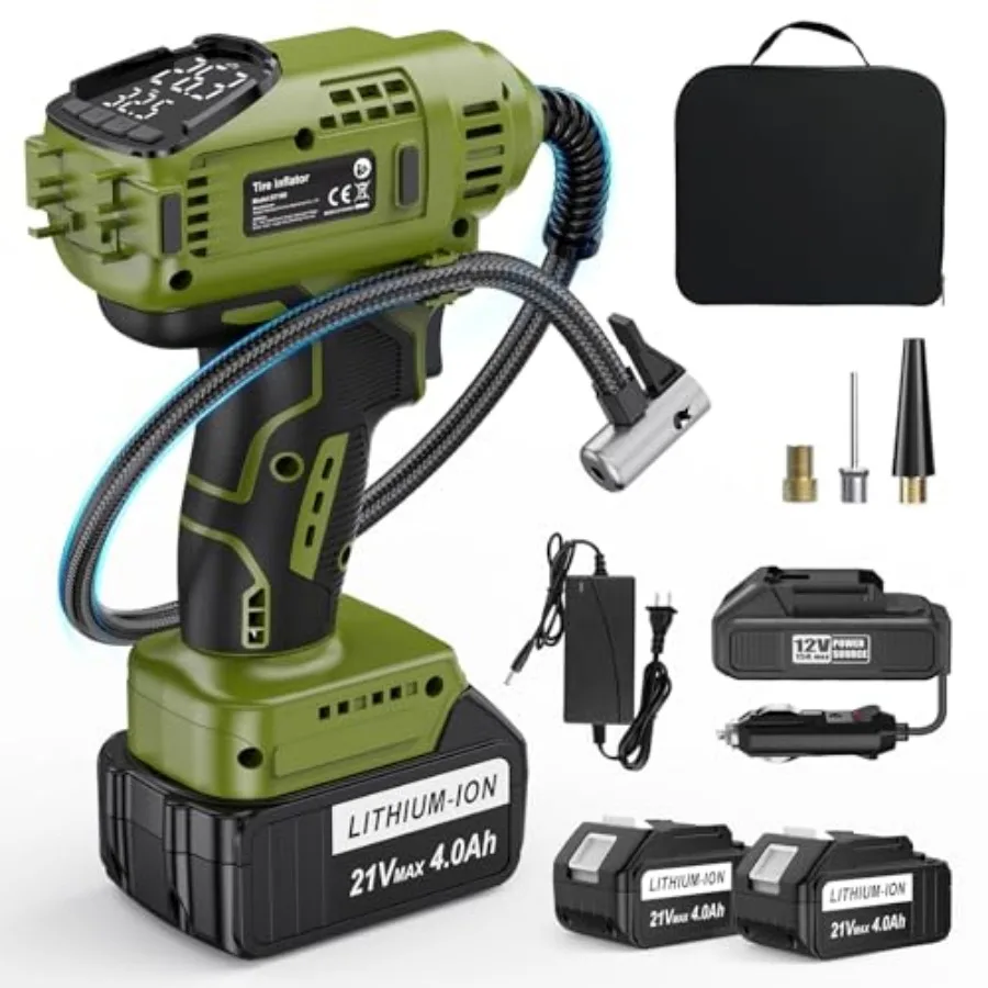 

Cordless Tire Inflator Portable Air Compressor with 2 21V Battery Powered Air Pump Portable Tire Inflator for Car 150PSI with D