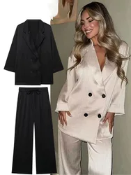 HH Women Casual Blazer Coat Pants Set Long Sleeve Double Breasted Blazer + Wide Leg Trousers 2024 Lady Office Outfit