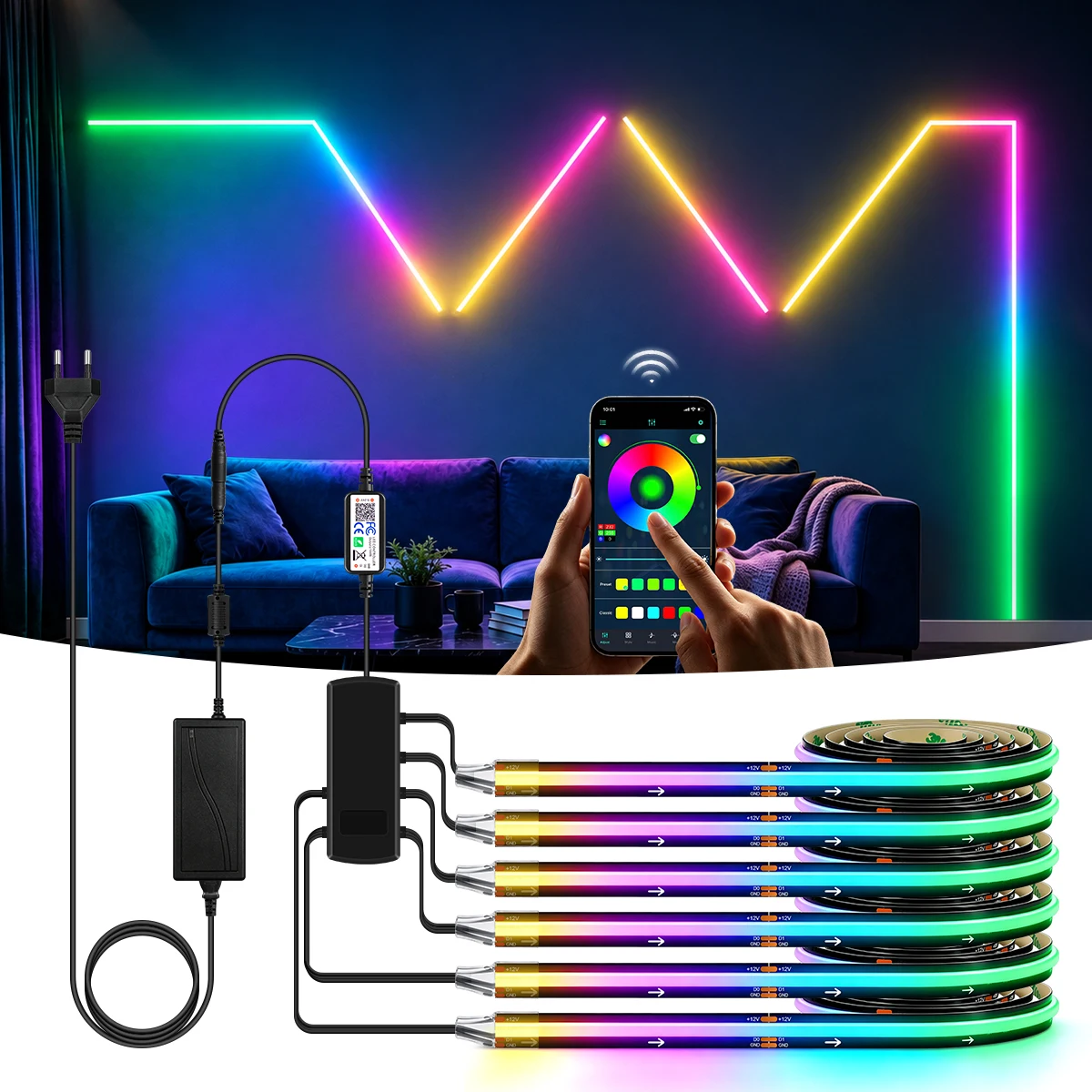 スマートbluetooth-rgb-ic-cob-ledストリップライト。ピクセルチェイシング、ネオンテープ、音楽同期機能を搭載。btアプリで操作可能。家庭用、壁面、テレビの背景装飾に最適。