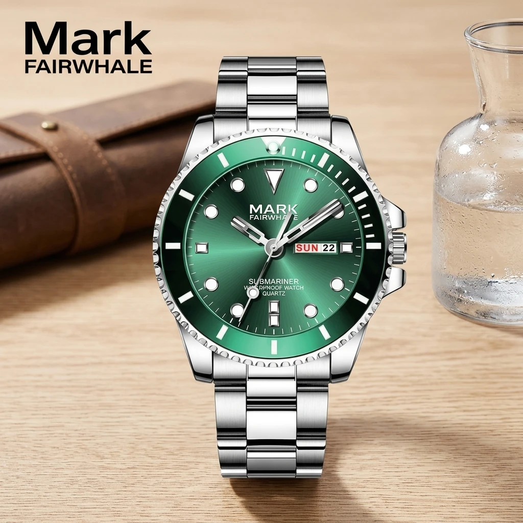 Mark Fairwhale Diver Watch for Men Round Rotating Bezel Day Date Window Stainless Steel Band Waterproof Casual Wristwatch