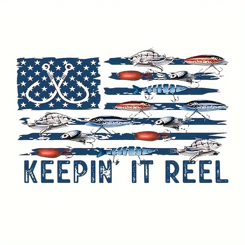 

American Flag Fishing Theme Vinyl Decal Sticker - Self-Adhesive Patriotic "Keep the Reel Rolling" Design with Bait and Fish