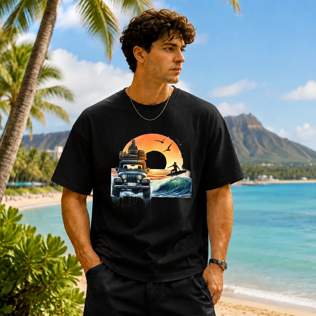 Retro T-shirt featuring a vintage car, surfing, and sunset graphic—perfect for outdoor, streetwear, and casual styles.
