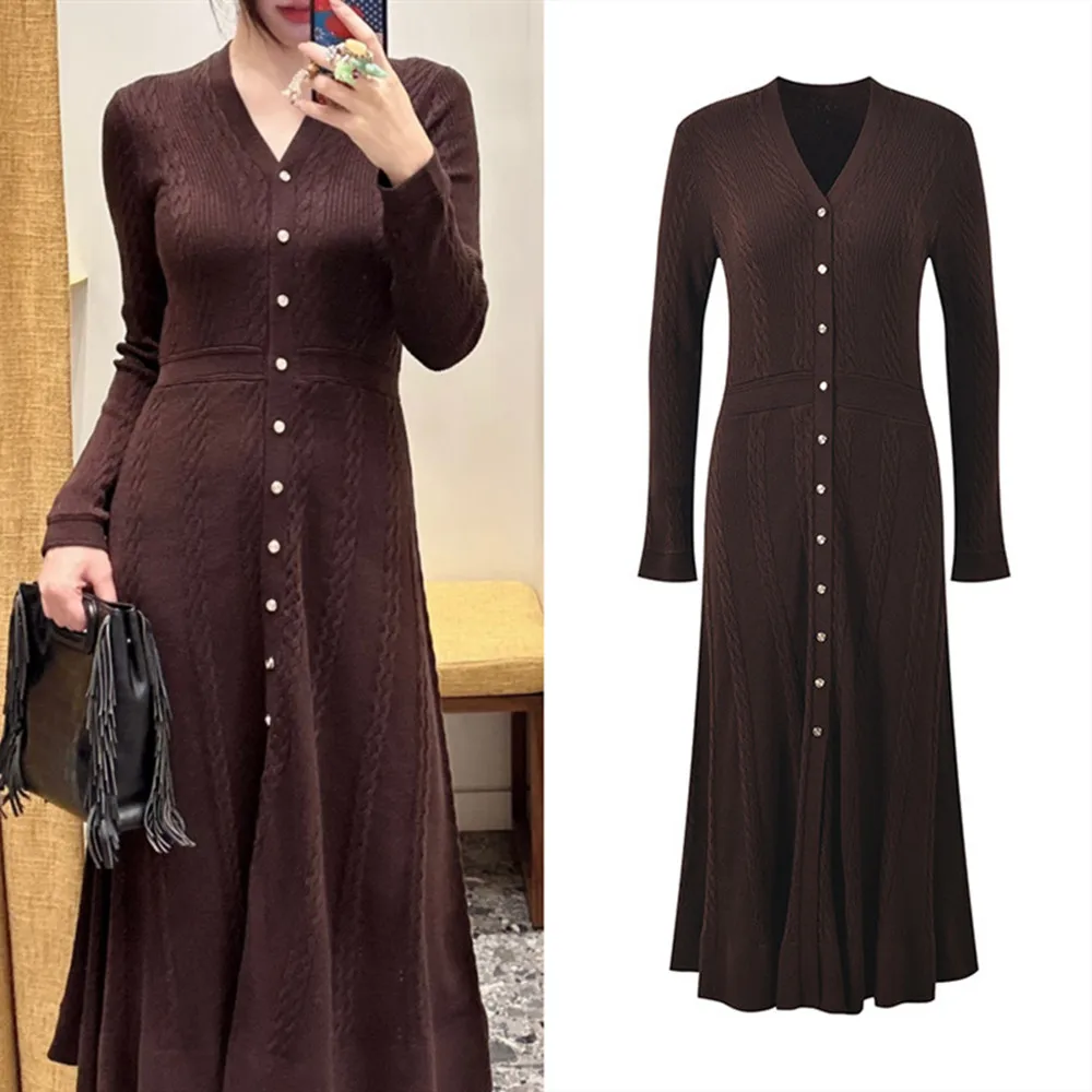 

High-End Version Retro V-Ne Knotted Long Sve Waist-Cinched Dr Ele Ladylike Single-Button Closure Maxi Gown