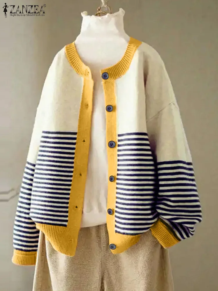 

ZANZEA Stylish Women Long Sleeve Knitted Cardigans Spring Autumn Striped Sweater Casual Buttons Blouse Female Tops Loose Hoodies