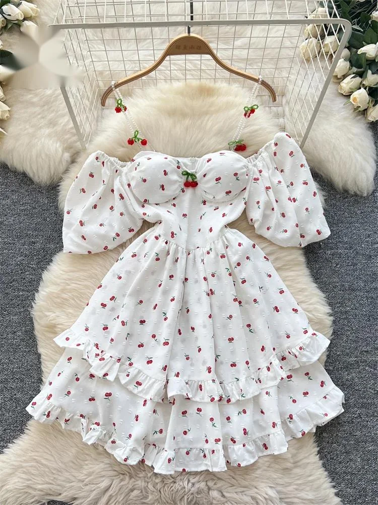 Off Shoulder Puff Sleeve Sundress - Vestido de Verão Fairycore para Mulheres