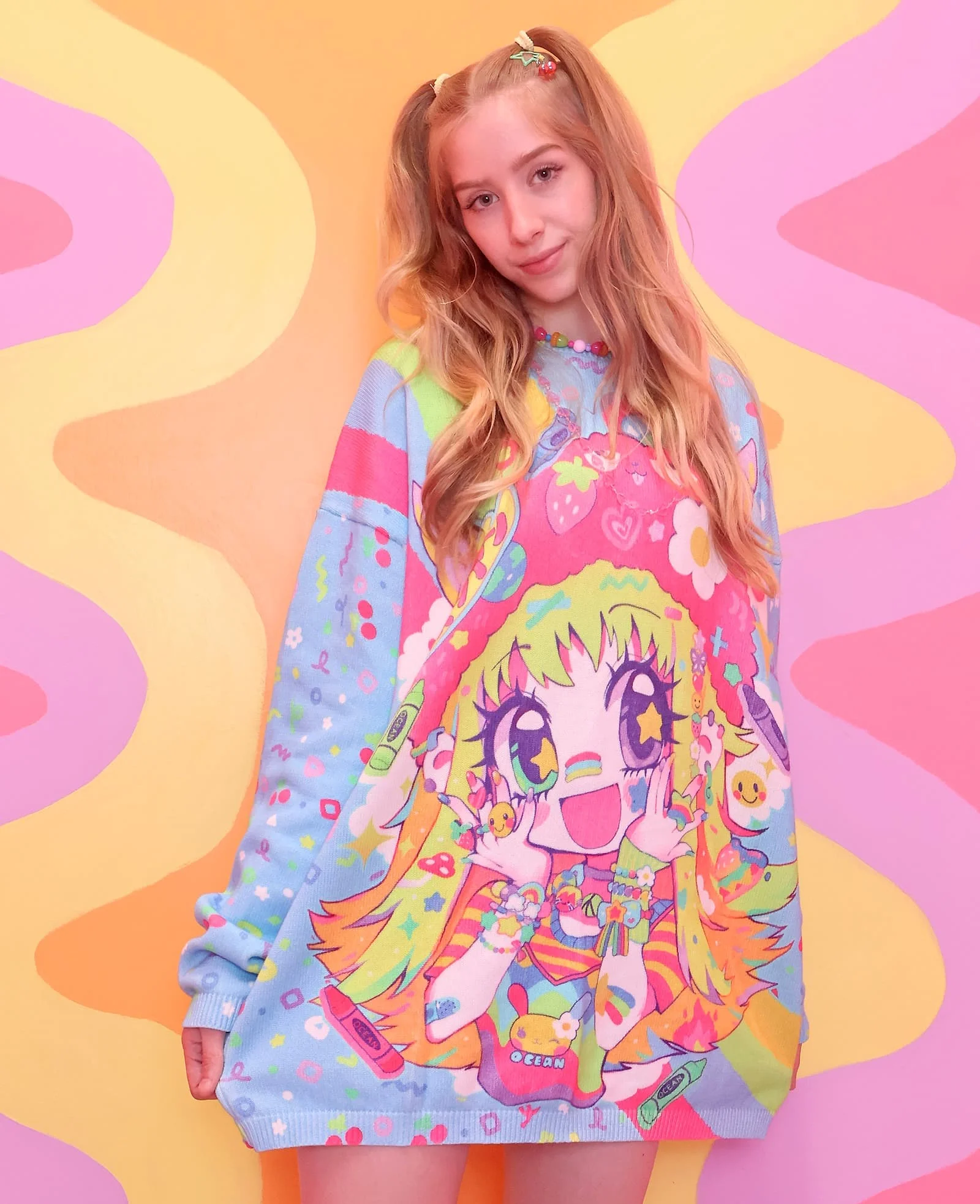 Loose Harajuku Cute Girl Headless Hoodie Rainbow Printed Round Neck Long Sleeve Y2K Girl Autumn Casual Versatile Dressing