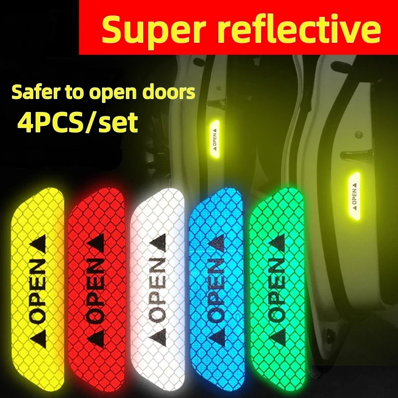 4pcs Fluorescent Car OPEN Reflective Strips Waterproof Warning Stickers Night Driving Safety Lighting Luminous Tapes