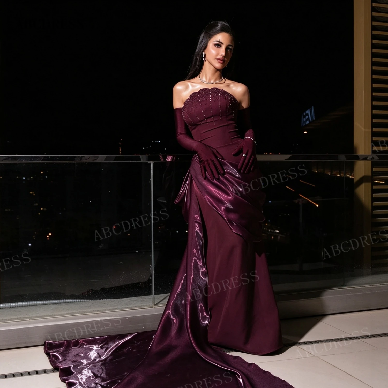 ABCDRESS Customized Burgundy Strapless Mermaid Formal Evening Gown For Women Beaded Elegant with Gloves Prom Gala Party Dress