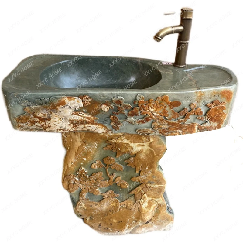 Natural Yan Stone Split Carved Wash Basin Households Rough Stone Laundry Tub Balcony Indoor Stone Sink